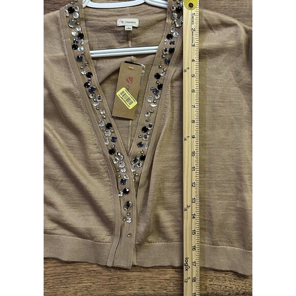 Crémieux Embellished Open Front Cropped Cardigan L Tan Wool Blend Rhinestones - Picture 10 of 10